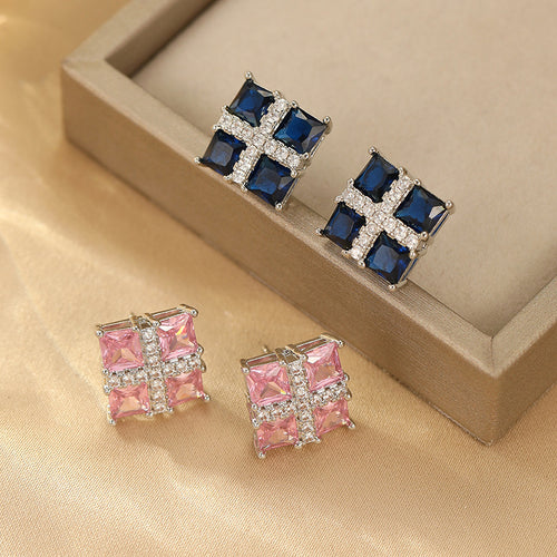 2025 Blue Corundum Square Zircon Earrings: Noble, Atmospheric, Light Luxury