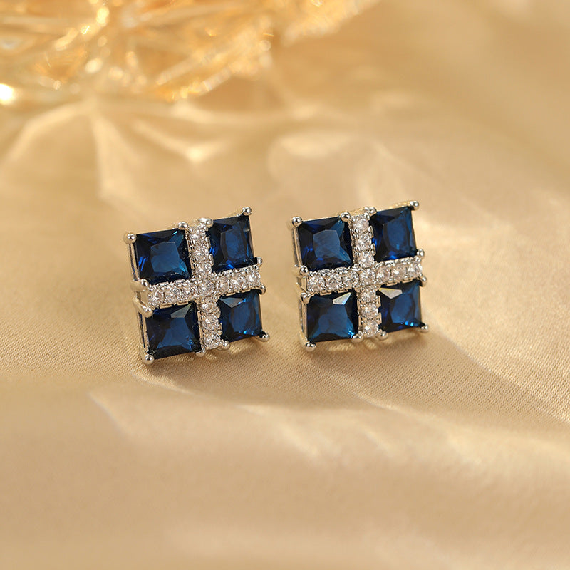 2025 Blue Corundum Square Zircon Earrings: Noble, Atmospheric, Light Luxury