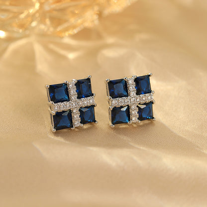 2025 Blue Corundum Square Zircon Earrings: Noble, Atmospheric, Light Luxury
