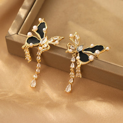 2025 Asymmetrical Zircon Butterfly Tassel Earrings: High-End, Summer Niche Design