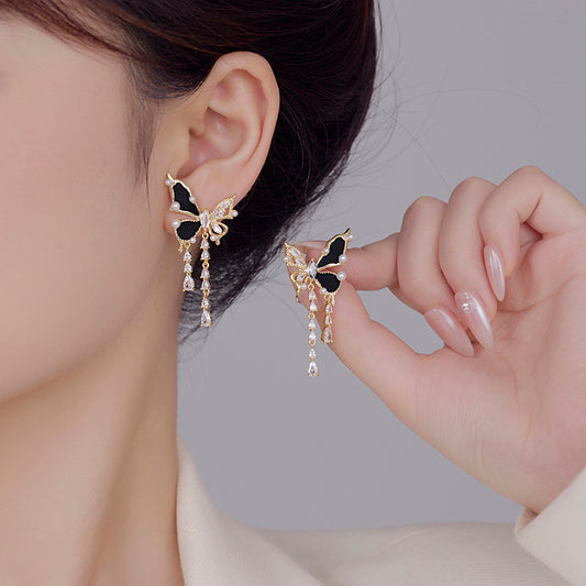 2025 Asymmetrical Zircon Butterfly Tassel Earrings: High-End, Summer Niche Design