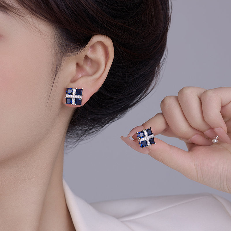 2025 Blue Corundum Square Zircon Earrings: Noble, Atmospheric, Light Luxury