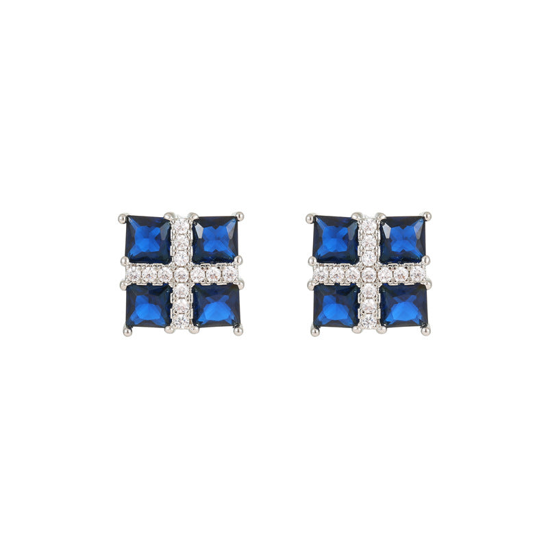 2025 Blue Corundum Square Zircon Earrings: Noble, Atmospheric, Light Luxury