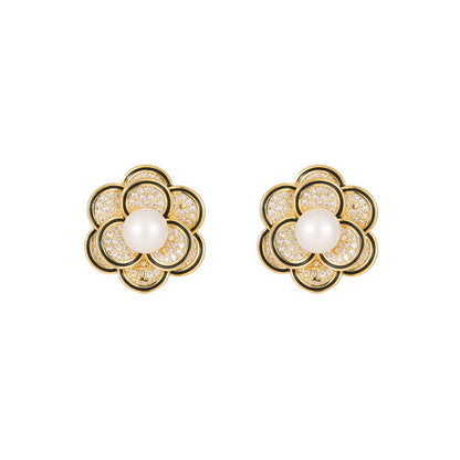 French Retro Flower Earrings For Women In Summer Light Luxury High-End Style Small Fragrance Camellia Inlaid With Zircon Pearl Silver Needle Earrings