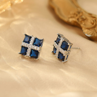 2025 Blue Corundum Square Zircon Earrings: Noble, Atmospheric, Light Luxury